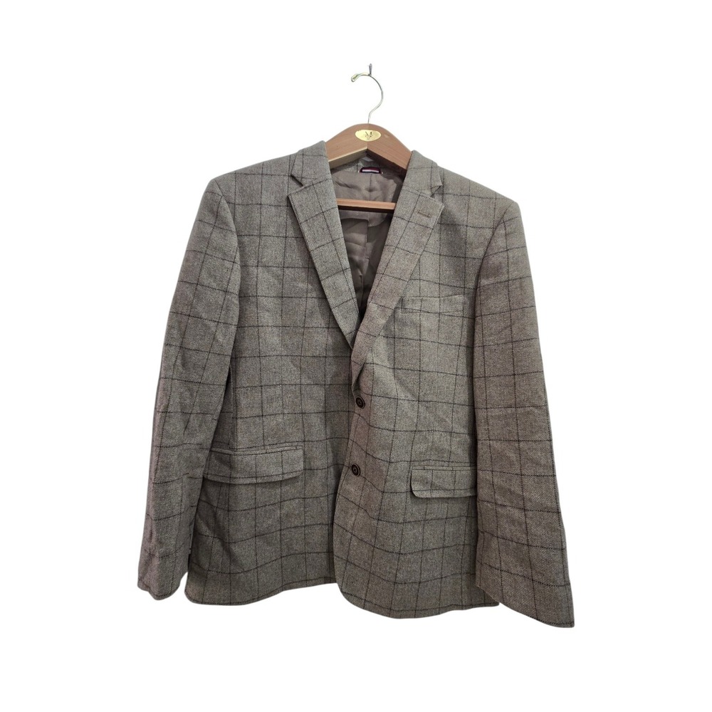 Tommy Hilfiger Men's 42S Blazer Sport Coat Brown Plaid Check 2-Button Wool Blend